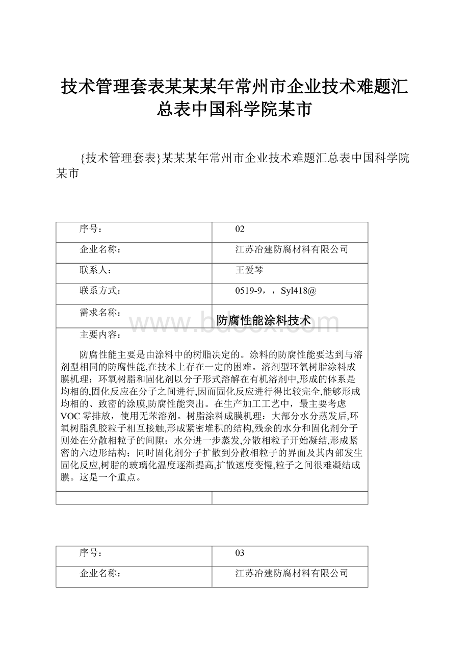 技术管理套表某某某年常州市企业技术难题汇总表中国科学院某市.docx_第1页