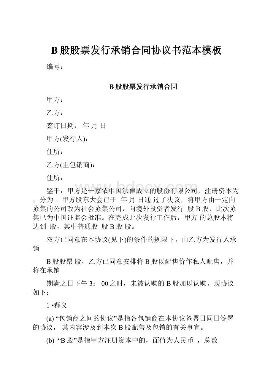 B股股票发行承销合同协议书范本模板.docx_第1页