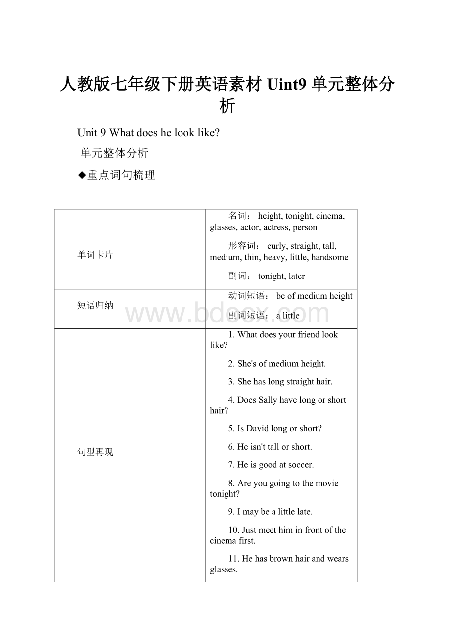 人教版七年级下册英语素材Uint9 单元整体分析.docx_第1页