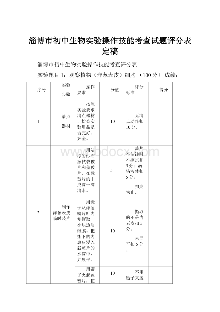 淄博市初中生物实验操作技能考查试题评分表定稿.docx_第1页