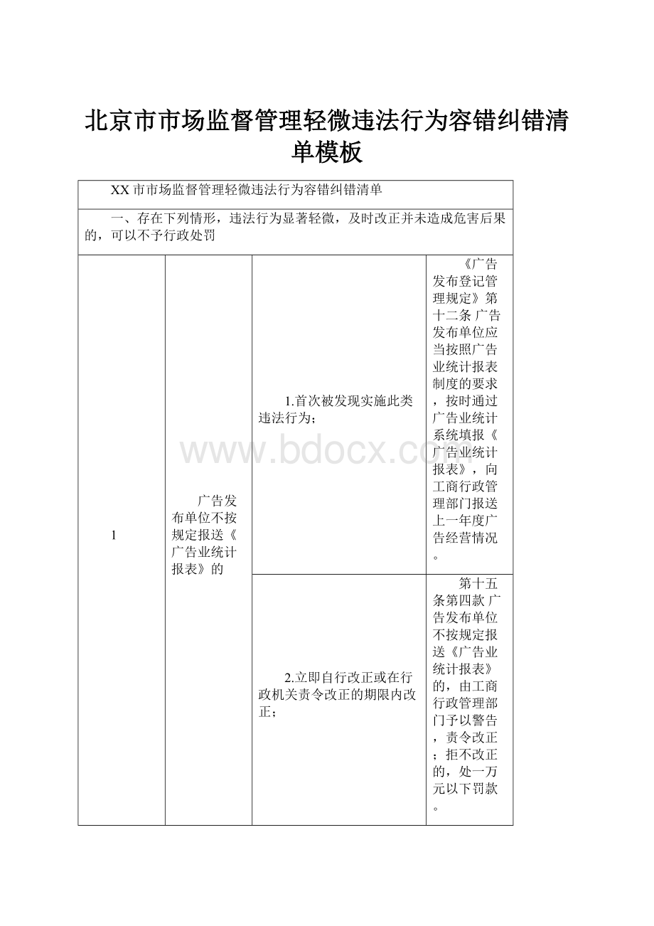 北京市市场监督管理轻微违法行为容错纠错清单模板.docx_第1页