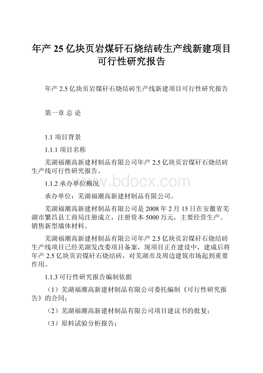 年产25亿块页岩煤矸石烧结砖生产线新建项目可行性研究报告.docx_第1页