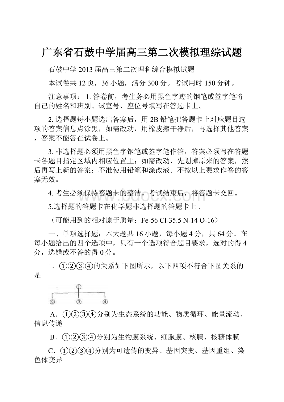 广东省石鼓中学届高三第二次模拟理综试题.docx_第1页