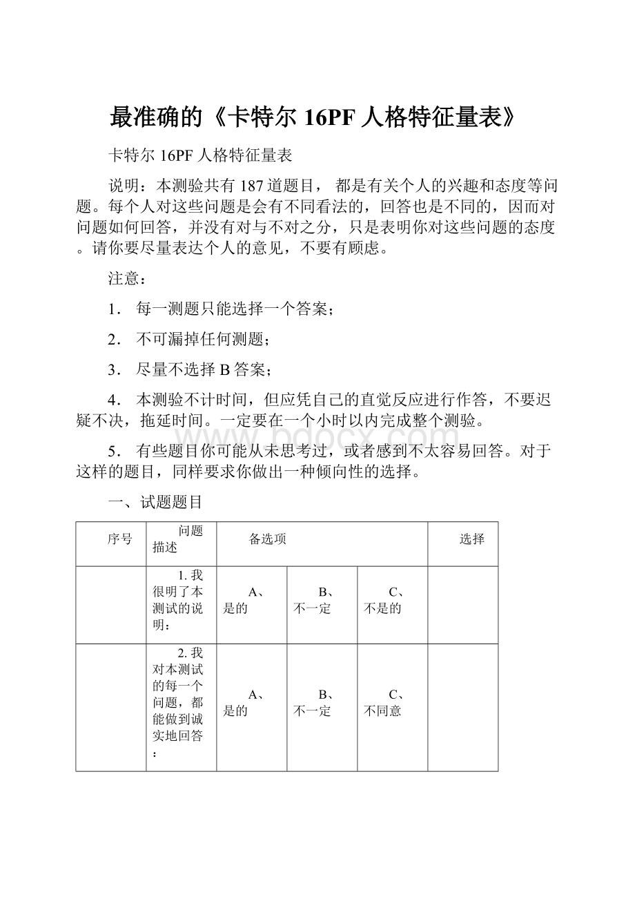 最准确的《卡特尔16PF人格特征量表》.docx