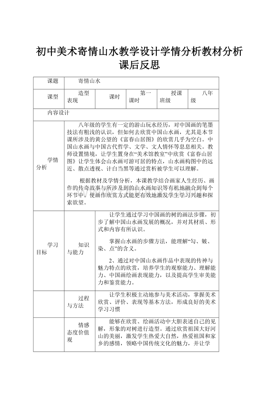 初中美术寄情山水教学设计学情分析教材分析课后反思.docx_第1页