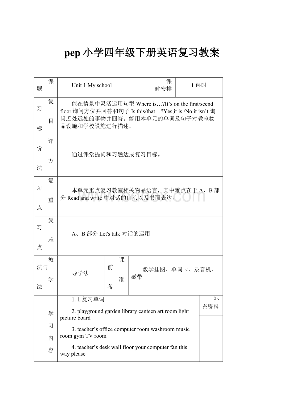 pep小学四年级下册英语复习教案.docx_第1页