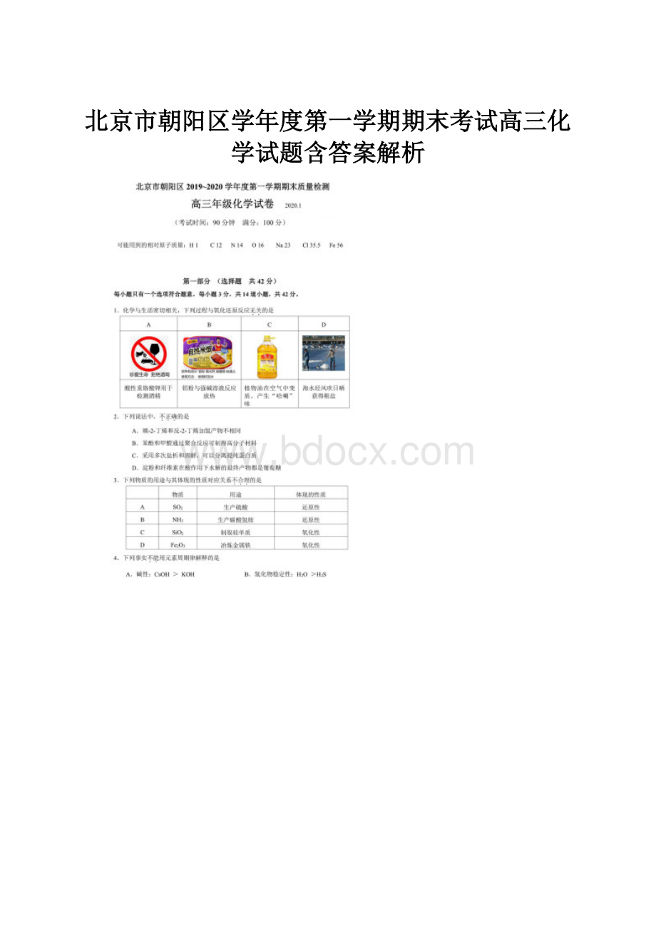 北京市朝阳区学年度第一学期期末考试高三化学试题含答案解析.docx