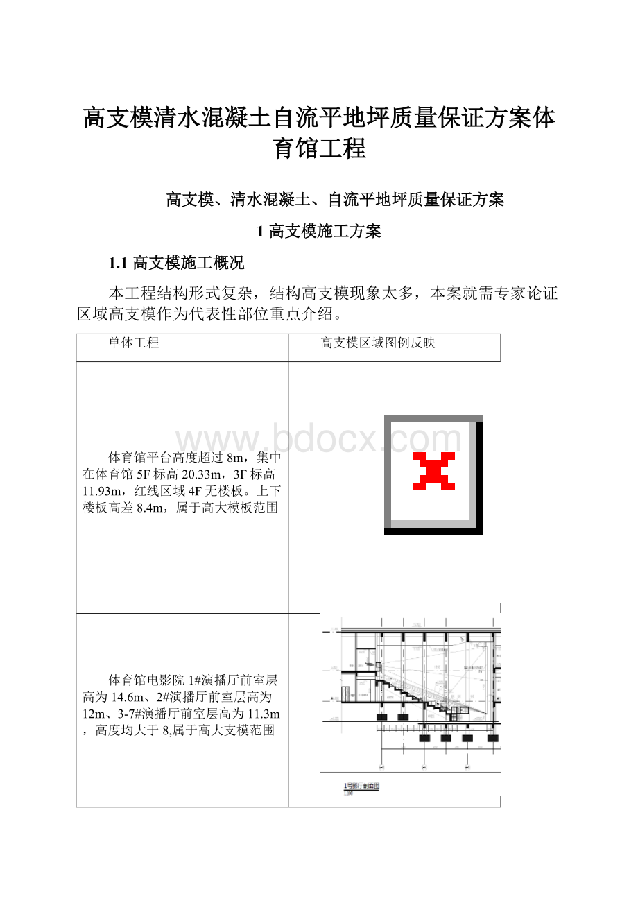 高支模清水混凝土自流平地坪质量保证方案体育馆工程.docx_第1页