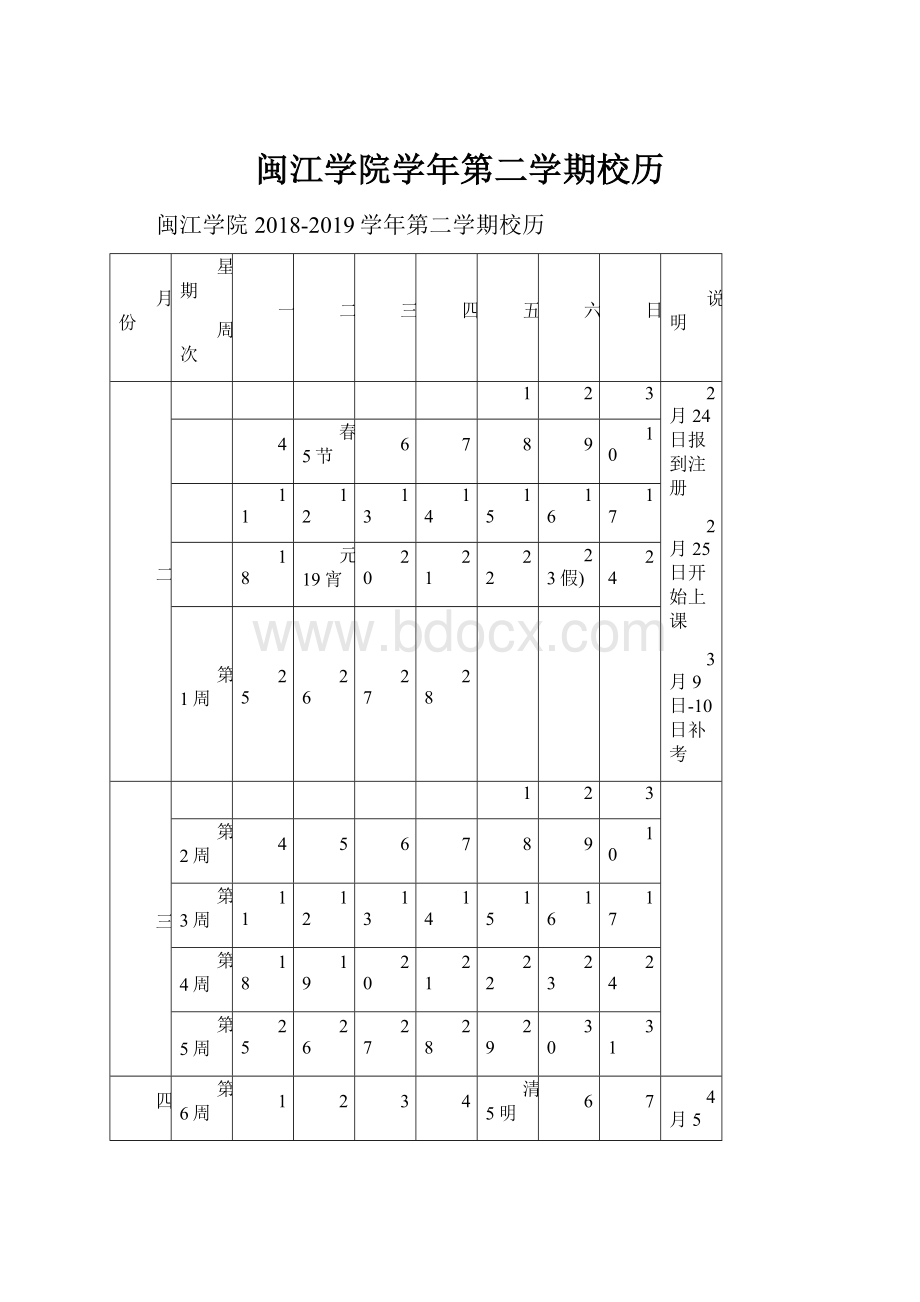 闽江学院学年第二学期校历.docx_第1页