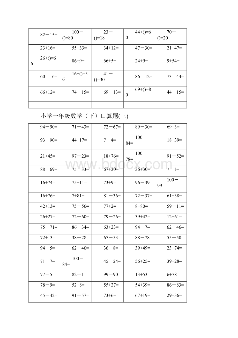 100以内加减法口算题卡 打印表格格式修正版小学一年级下册数学18页.docx_第3页