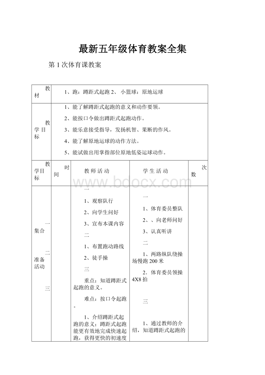 最新五年级体育教案全集.docx