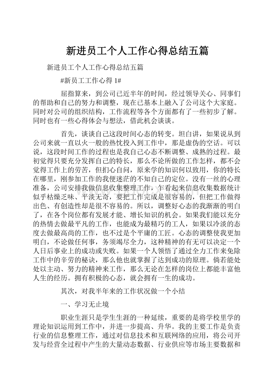 新进员工个人工作心得总结五篇.docx