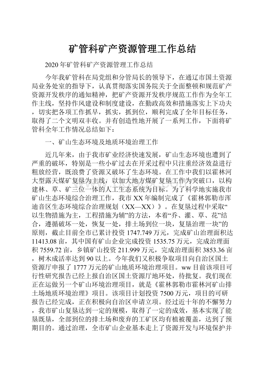 矿管科矿产资源管理工作总结.docx_第1页