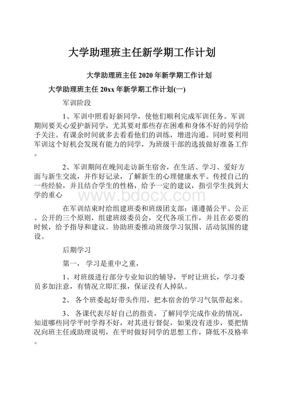 大学助理班主任新学期工作计划.docx