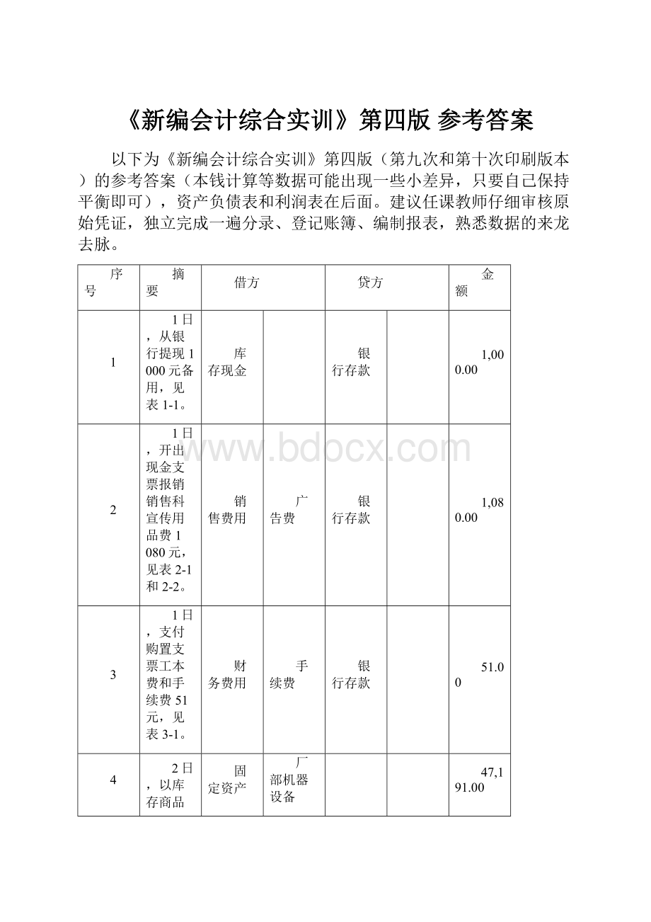 《新编会计综合实训》第四版 参考答案.docx