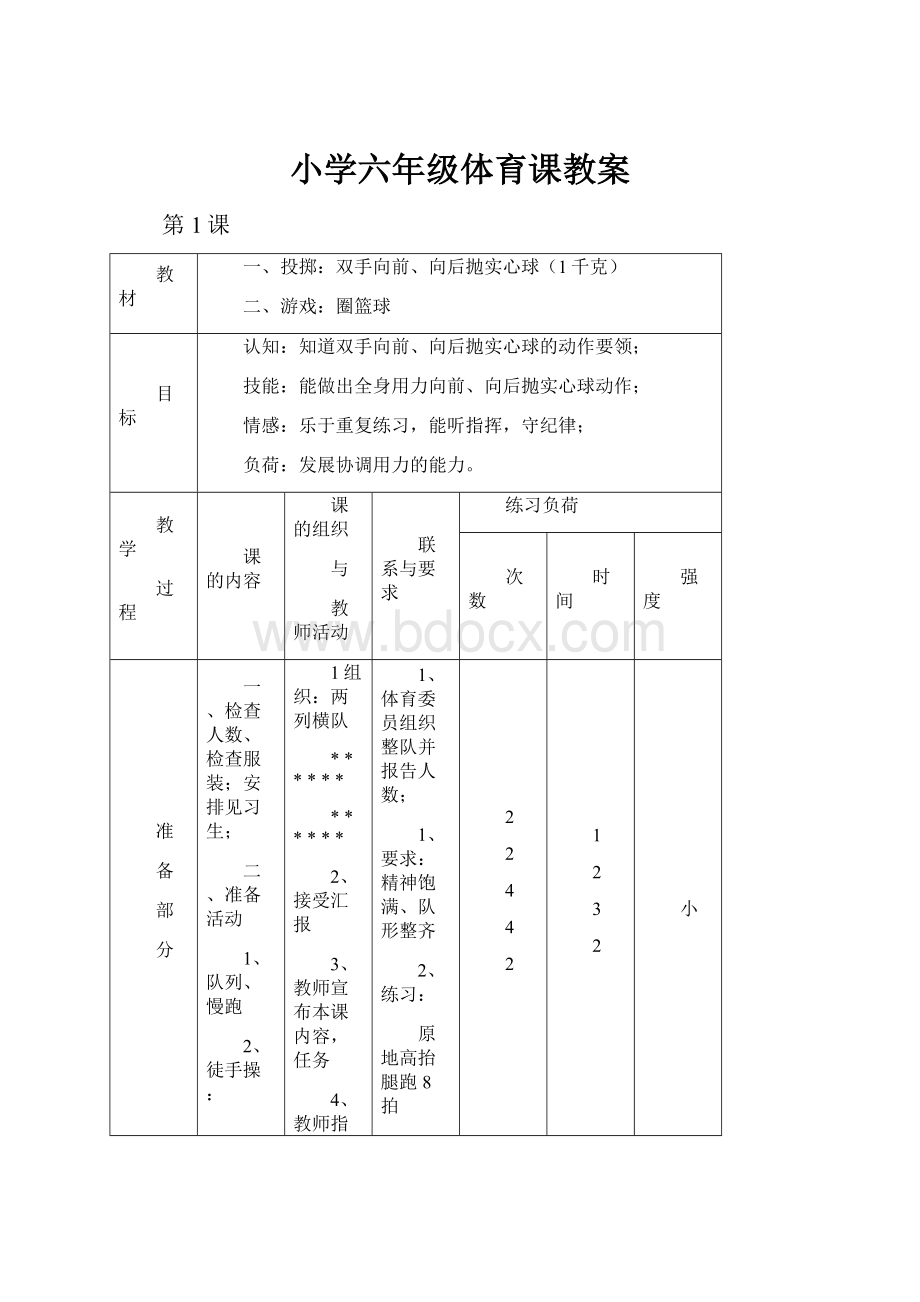 小学六年级体育课教案.docx