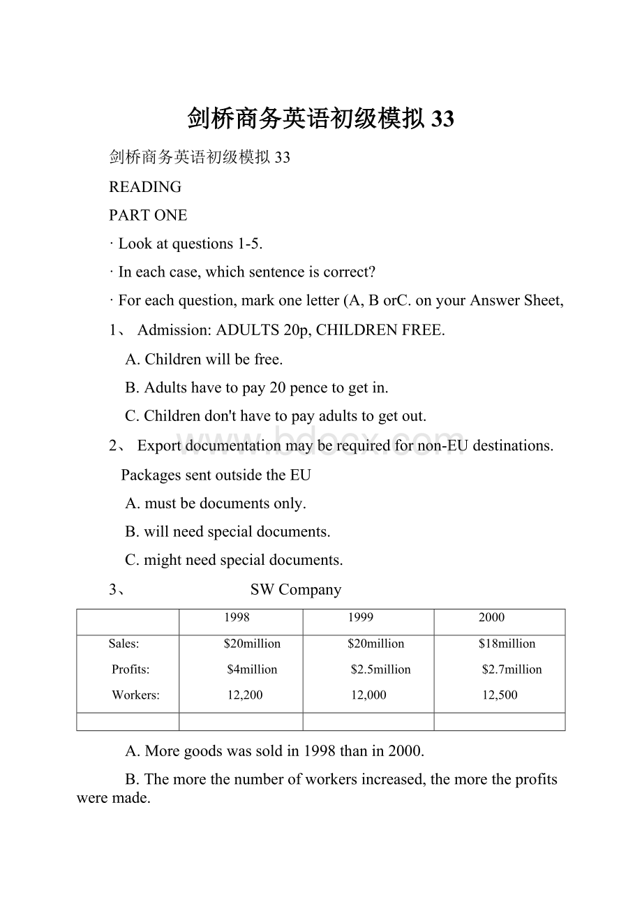 剑桥商务英语初级模拟33.docx_第1页