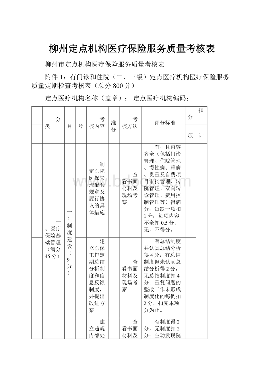 柳州定点机构医疗保险服务质量考核表.docx