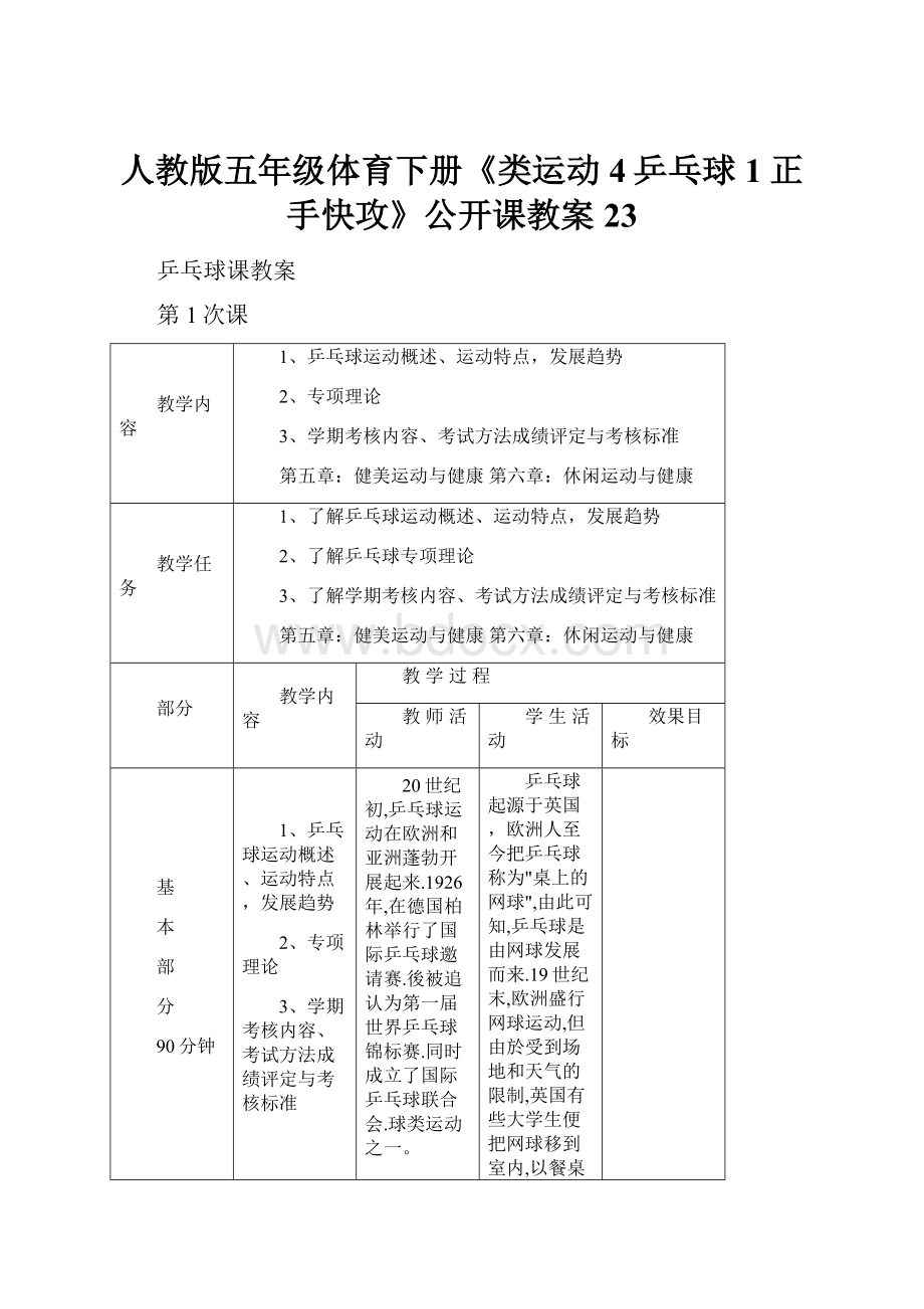 人教版五年级体育下册《类运动4乒乓球1正手快攻》公开课教案23.docx_第1页