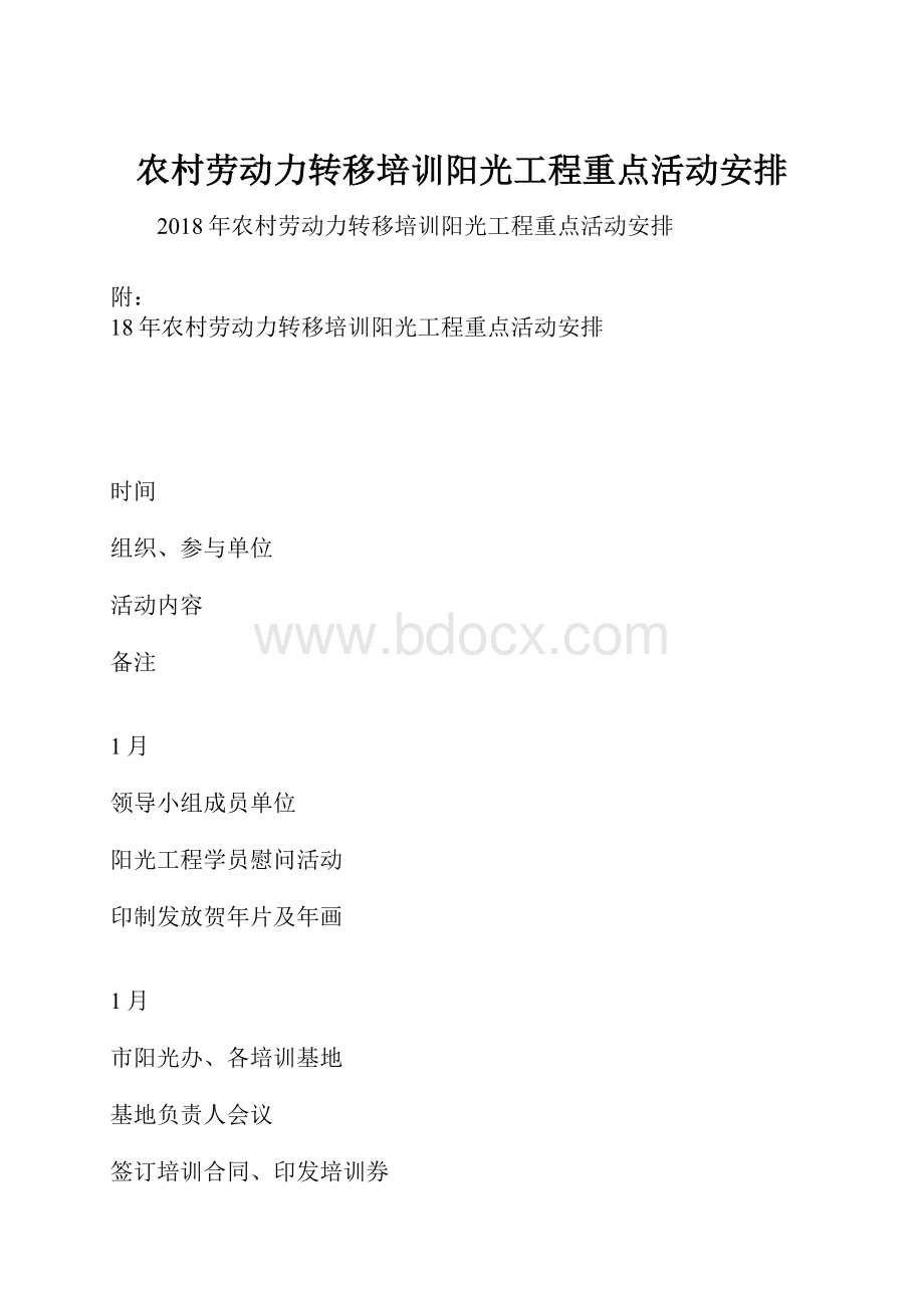 农村劳动力转移培训阳光工程重点活动安排.docx