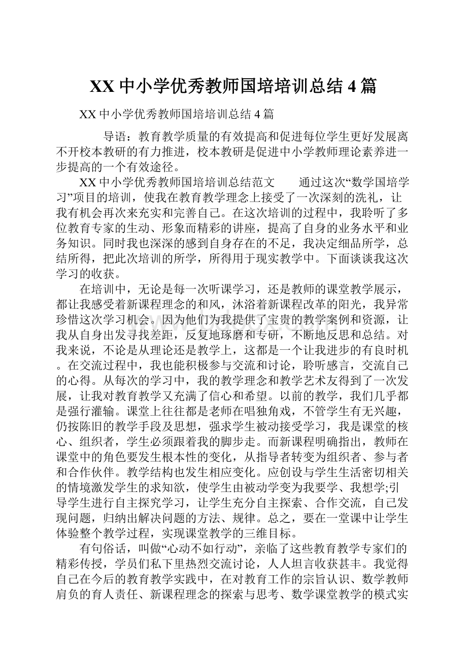 XX中小学优秀教师国培培训总结4篇.docx_第1页