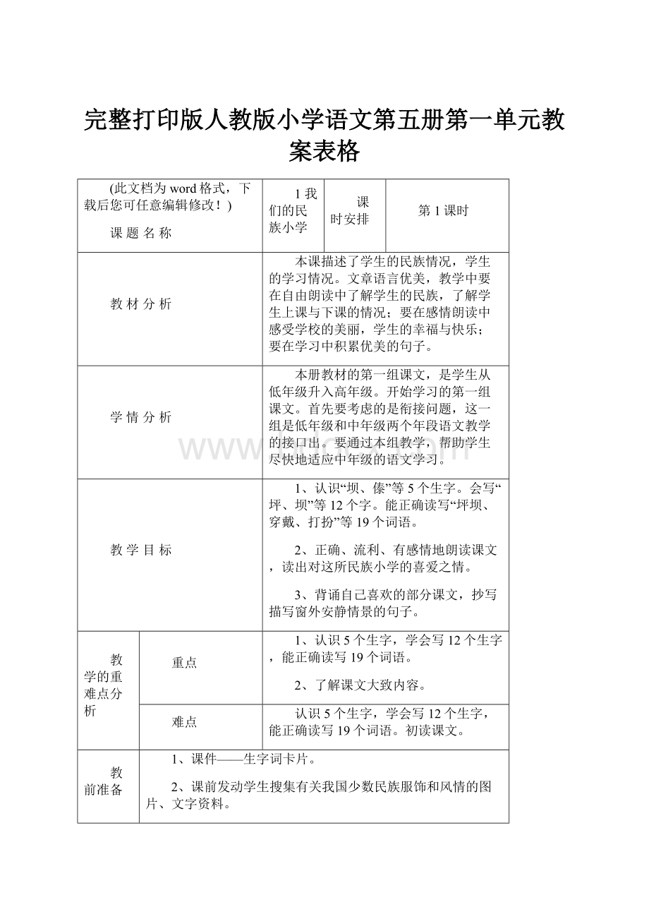 完整打印版人教版小学语文第五册第一单元教案表格.docx_第1页