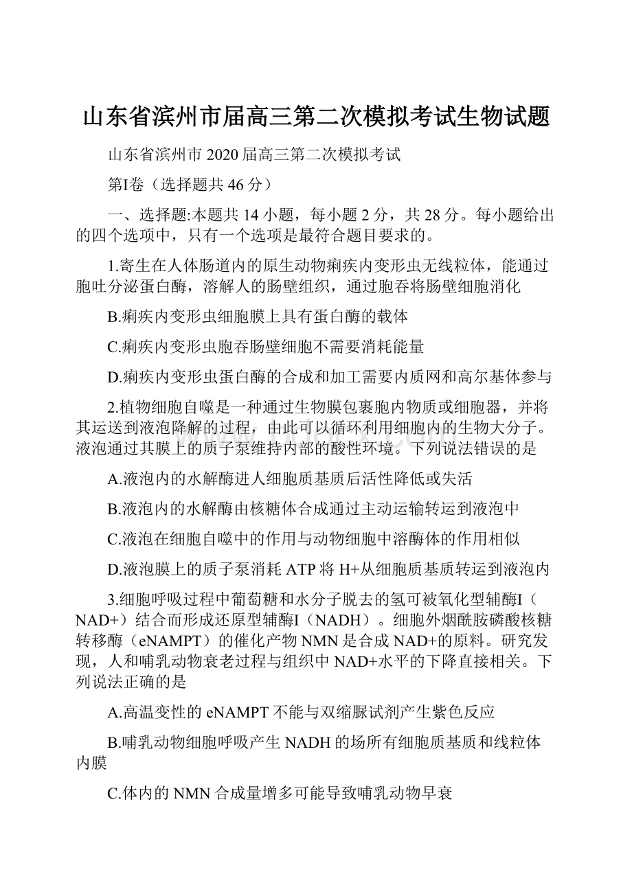 山东省滨州市届高三第二次模拟考试生物试题.docx