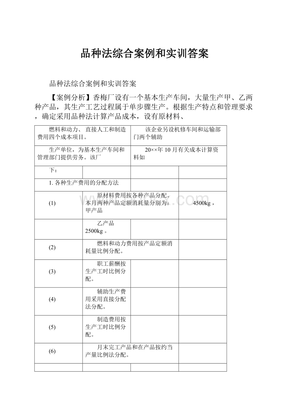 品种法综合案例和实训答案.docx