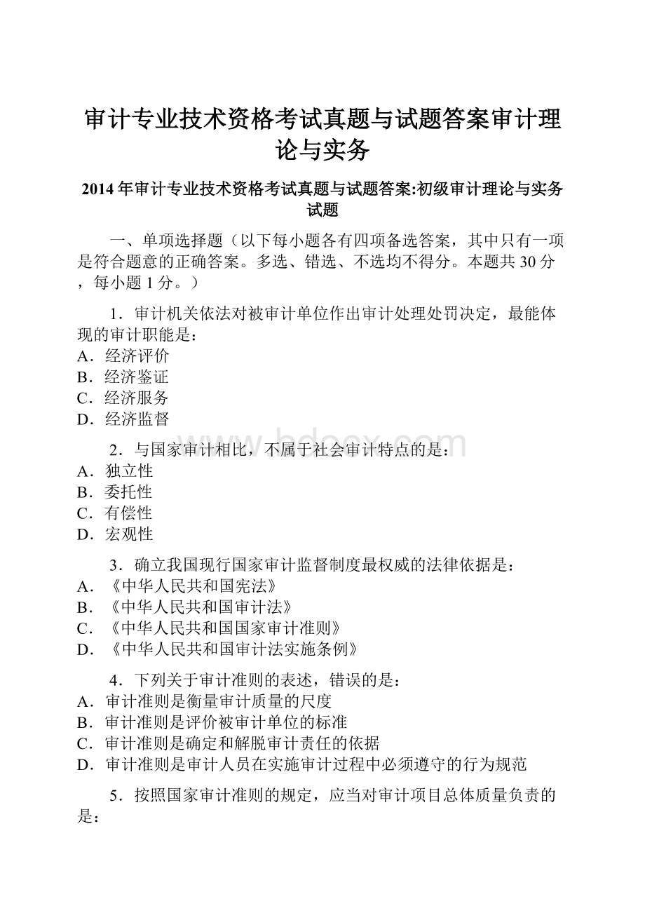 审计专业技术资格考试真题与试题答案审计理论与实务.docx_第1页