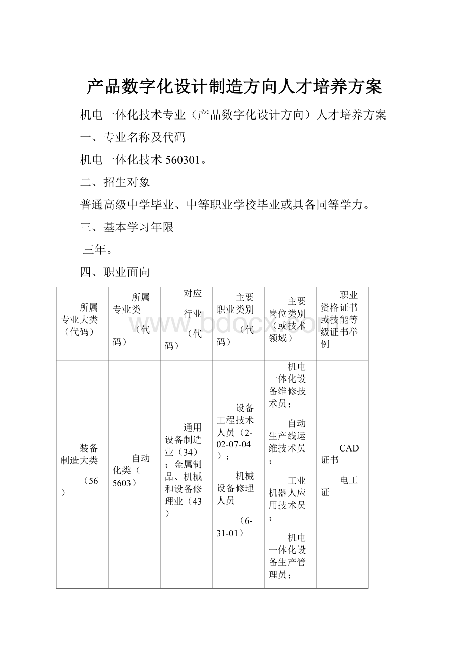 产品数字化设计制造方向人才培养方案.docx