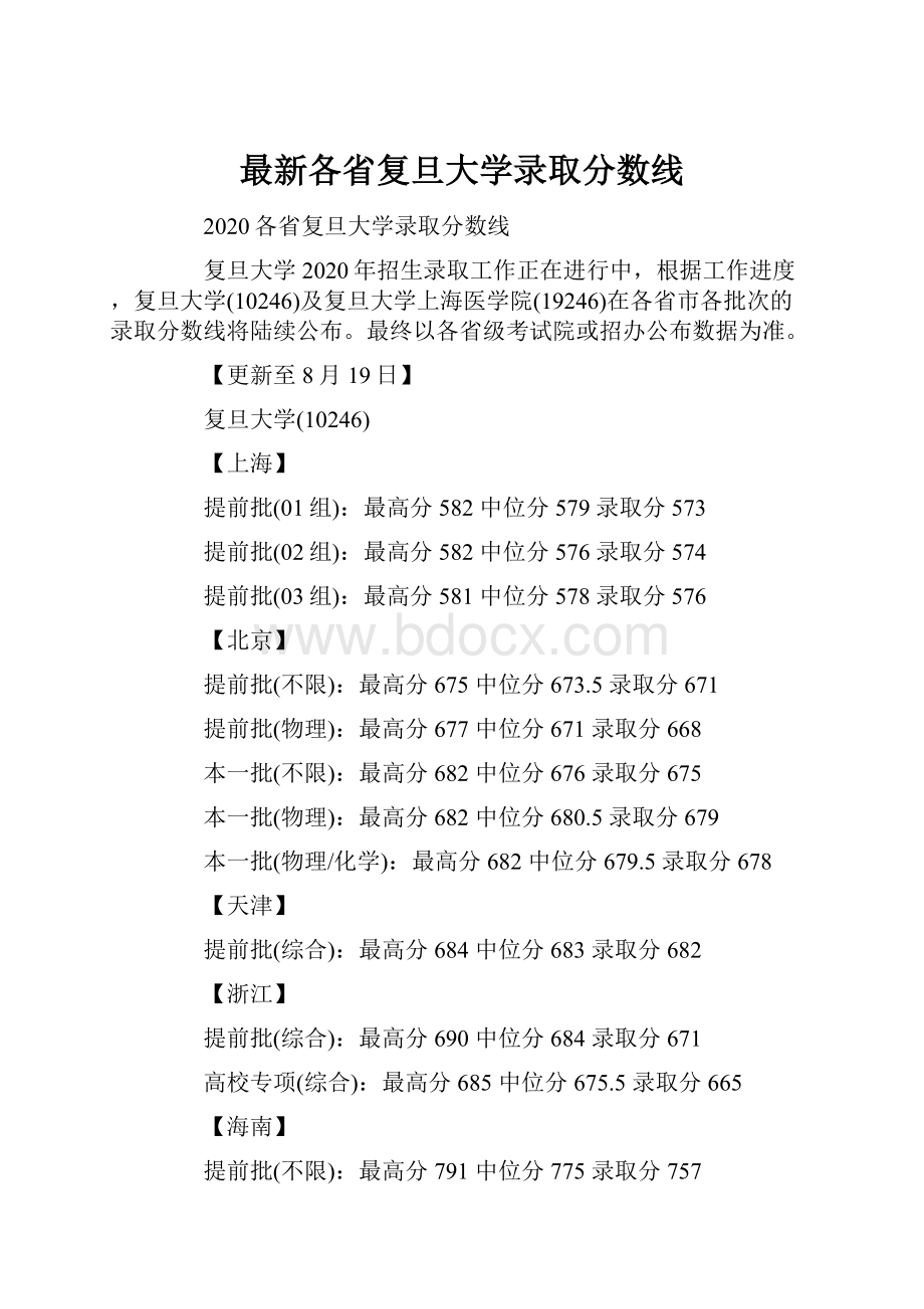 最新各省复旦大学录取分数线.docx