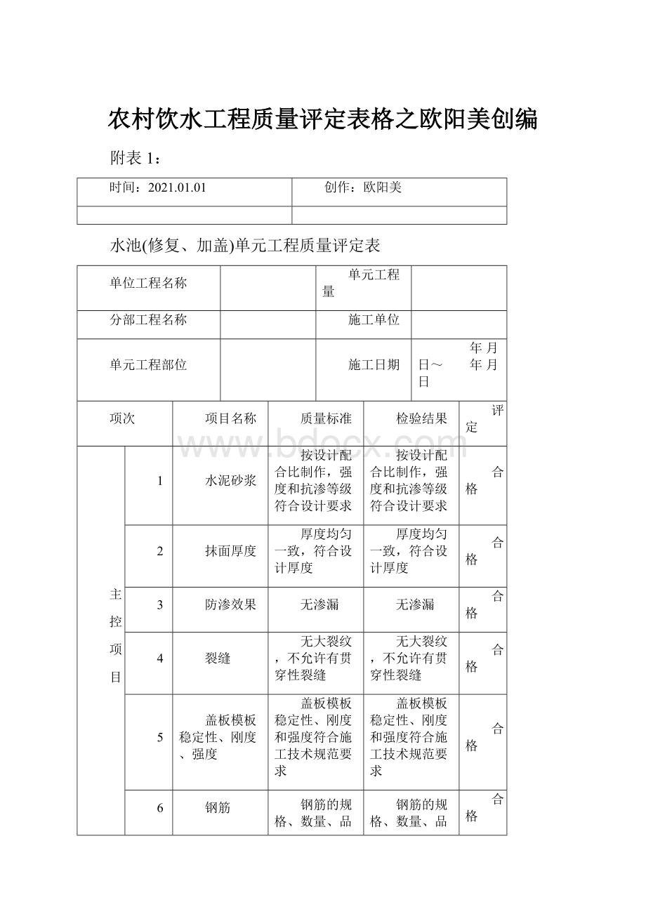 农村饮水工程质量评定表格之欧阳美创编.docx