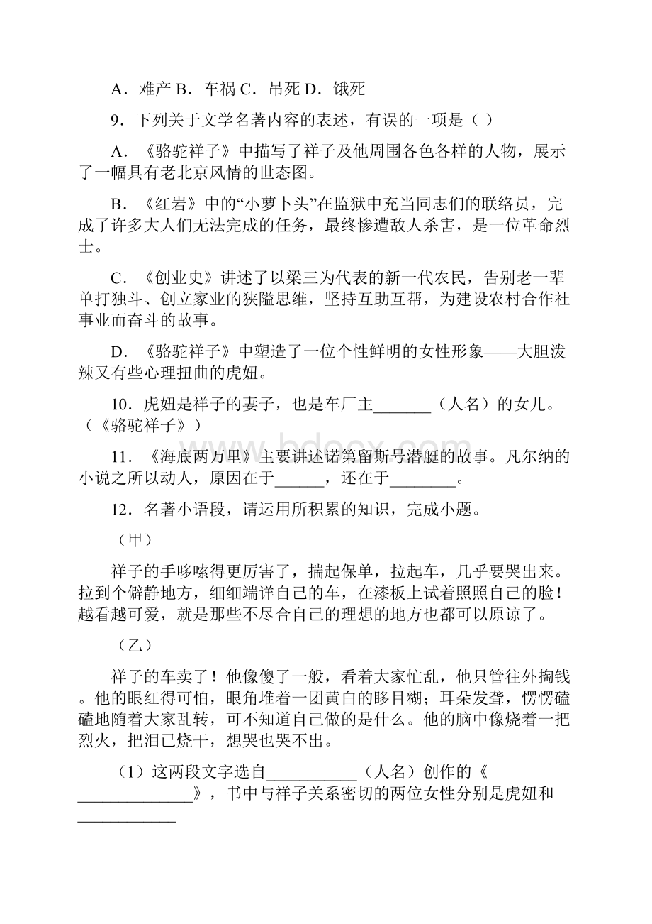 下册骆驼祥子和海底两万里必读名著习题含答案试题带答案.docx_第3页