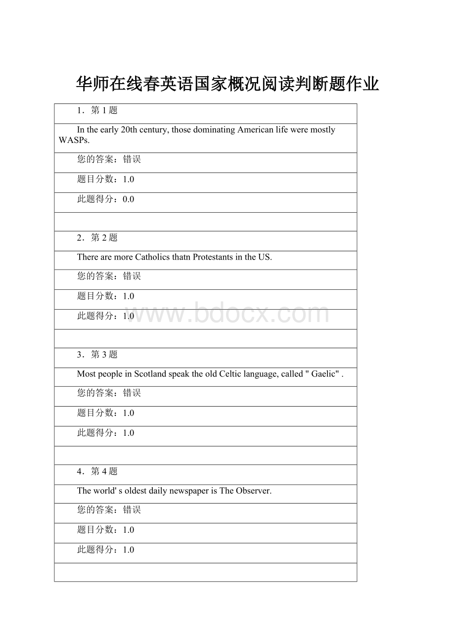 华师在线春英语国家概况阅读判断题作业.docx_第1页