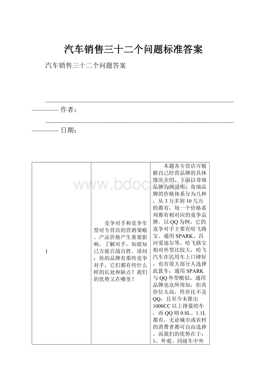 汽车销售三十二个问题标准答案.docx_第1页