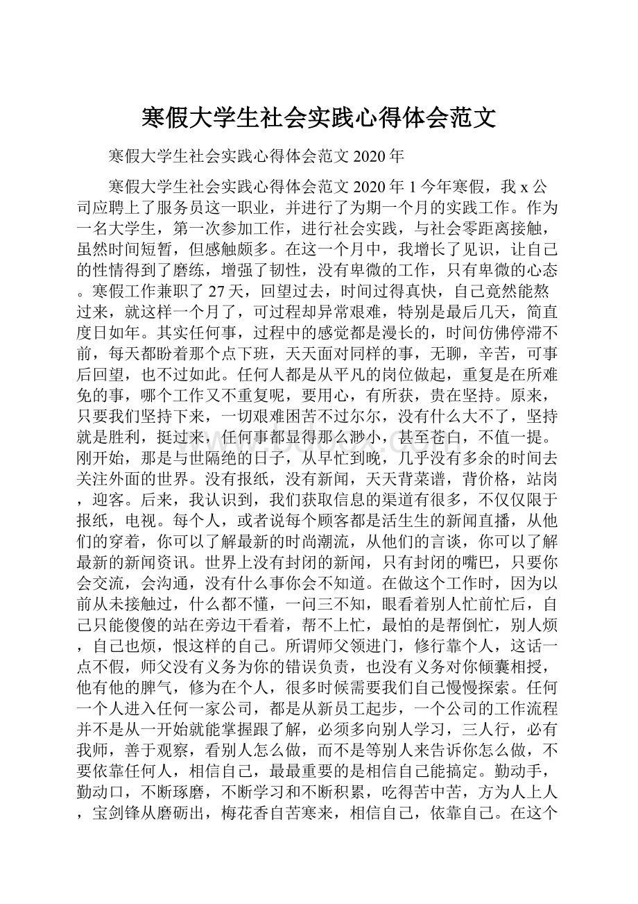 寒假大学生社会实践心得体会范文.docx