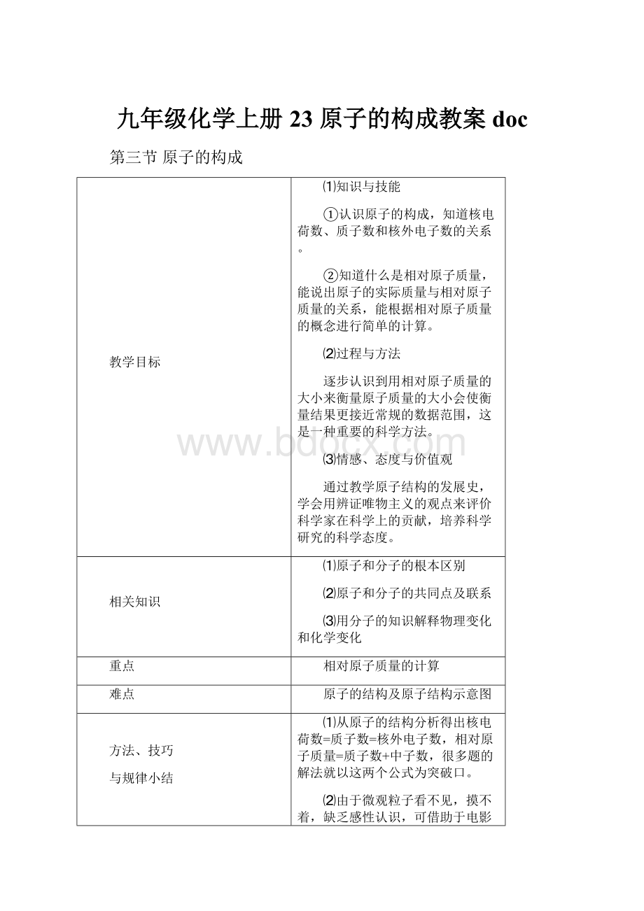 九年级化学上册 23 原子的构成教案 doc.docx_第1页