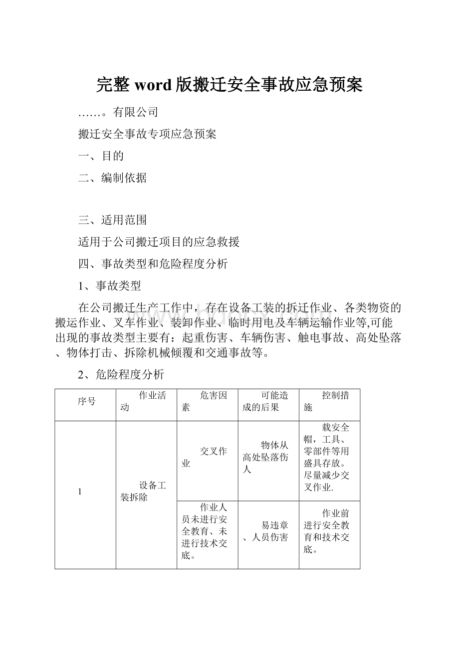 完整word版搬迁安全事故应急预案.docx_第1页