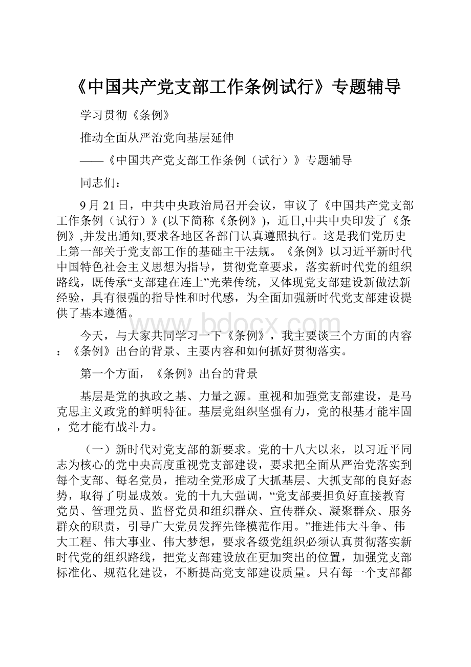 《中国共产党支部工作条例试行》专题辅导.docx