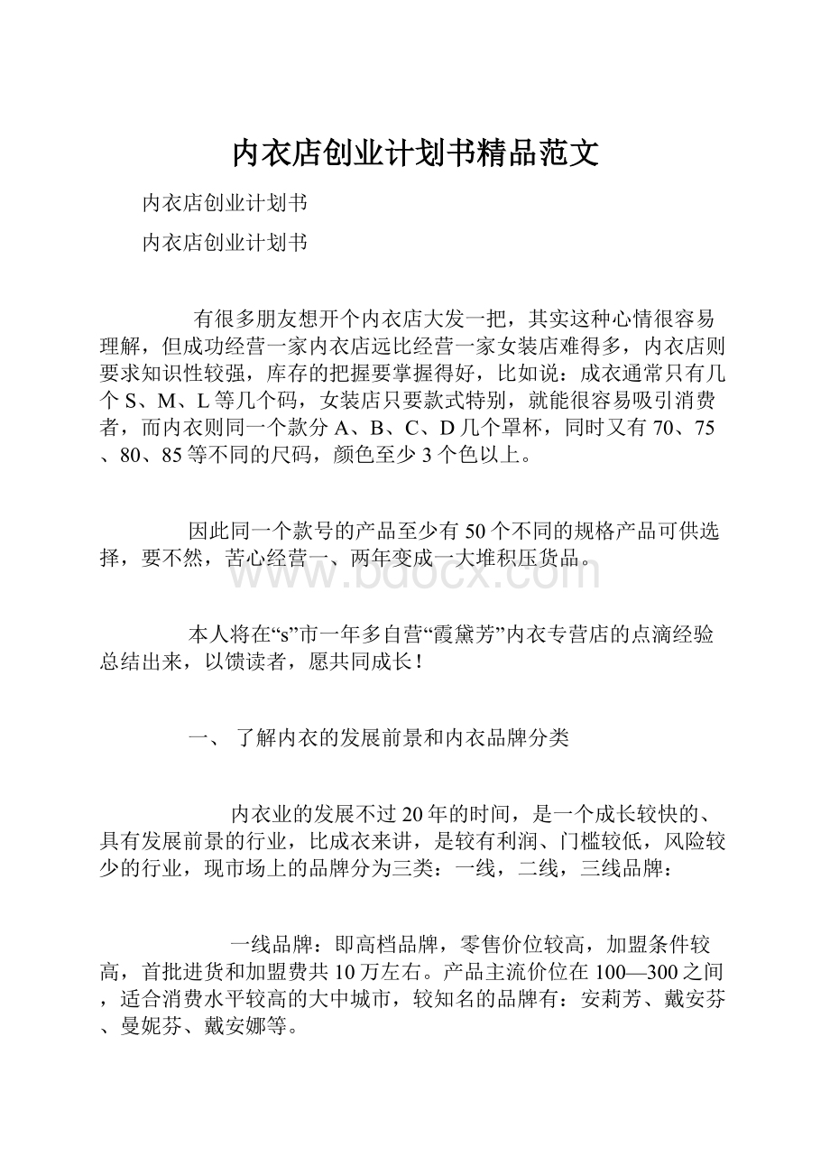 内衣店创业计划书精品范文.docx_第1页