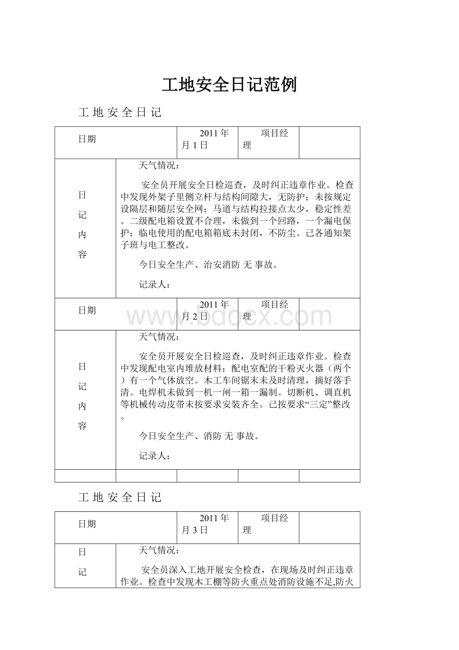 工地安全日记范例.docx_第1页