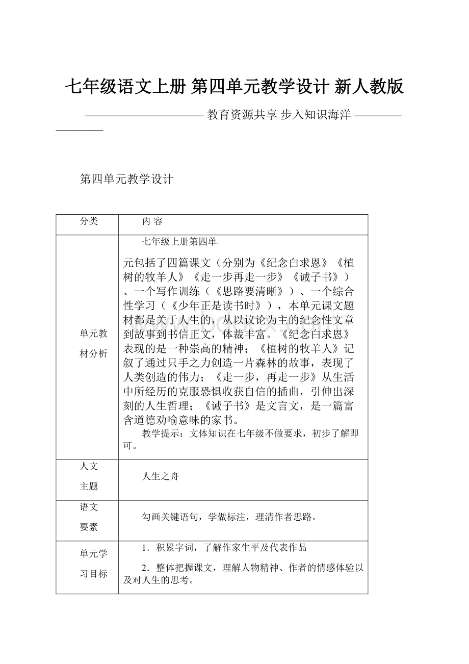 七年级语文上册 第四单元教学设计 新人教版.docx_第1页