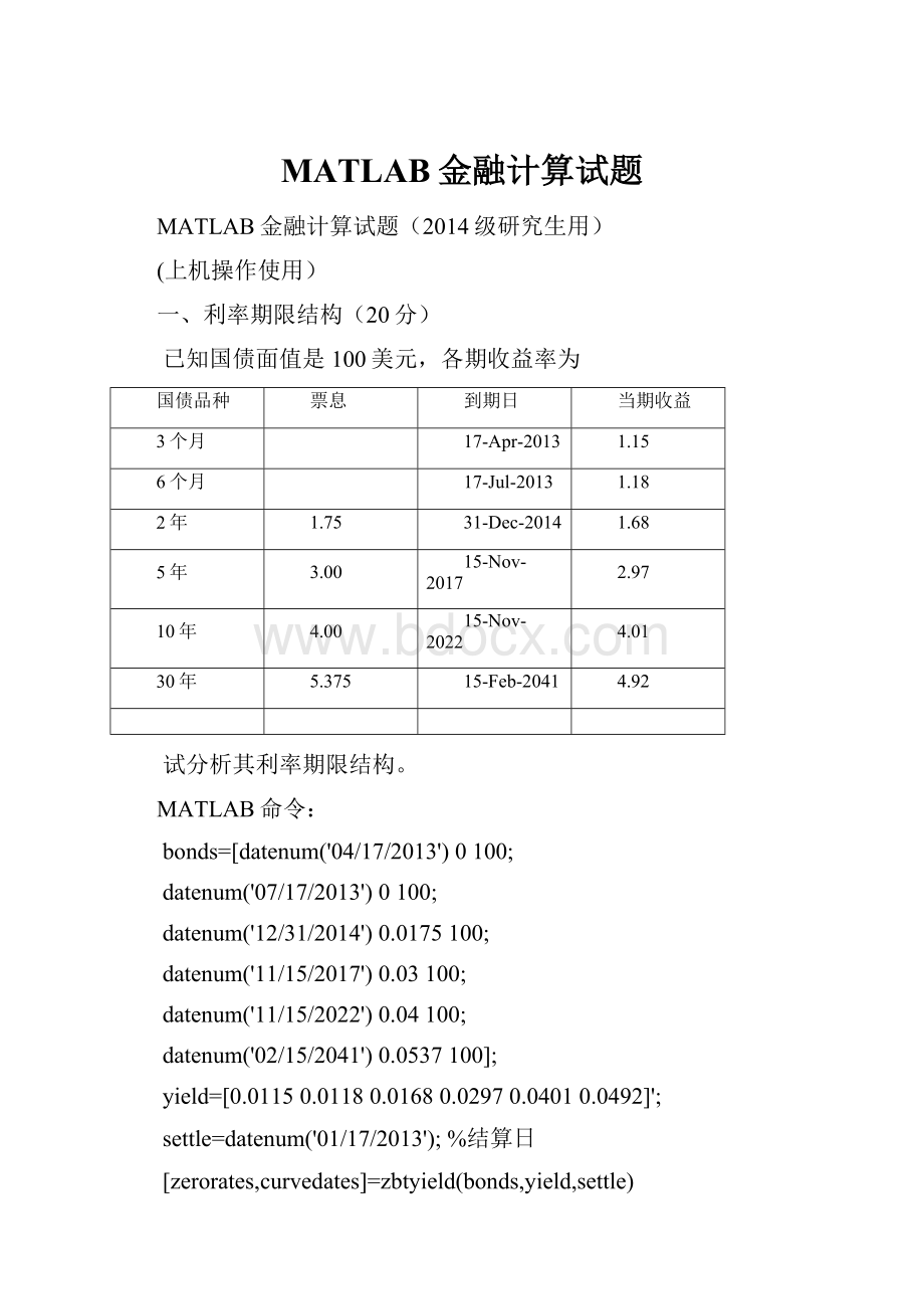 MATLAB金融计算试题.docx_第1页