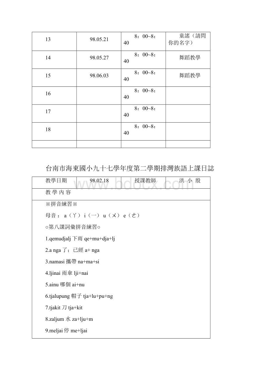 97学年度下学期海东国小原住民排湾族语课程表.docx_第2页