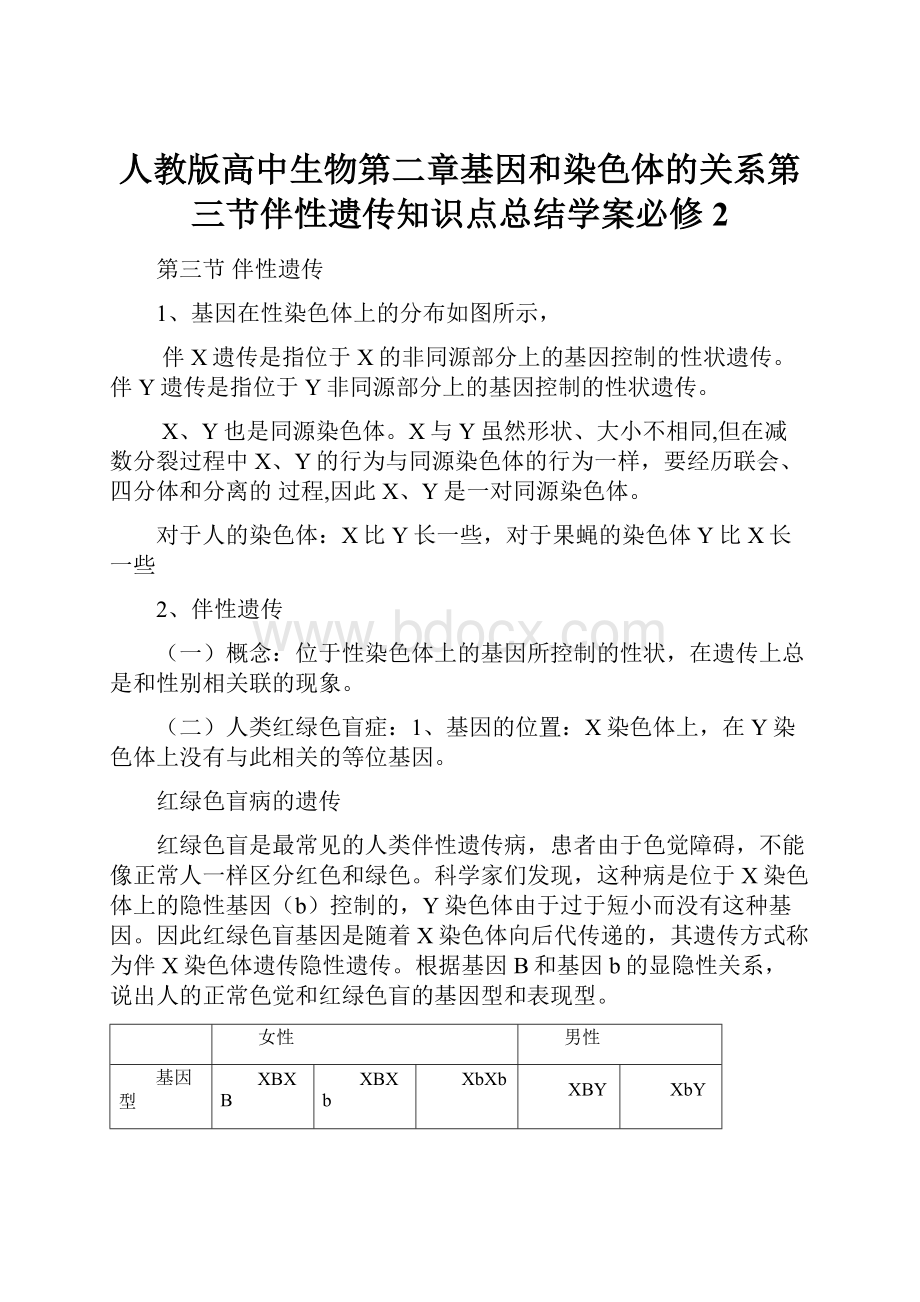 人教版高中生物第二章基因和染色体的关系第三节伴性遗传知识点总结学案必修2.docx_第1页