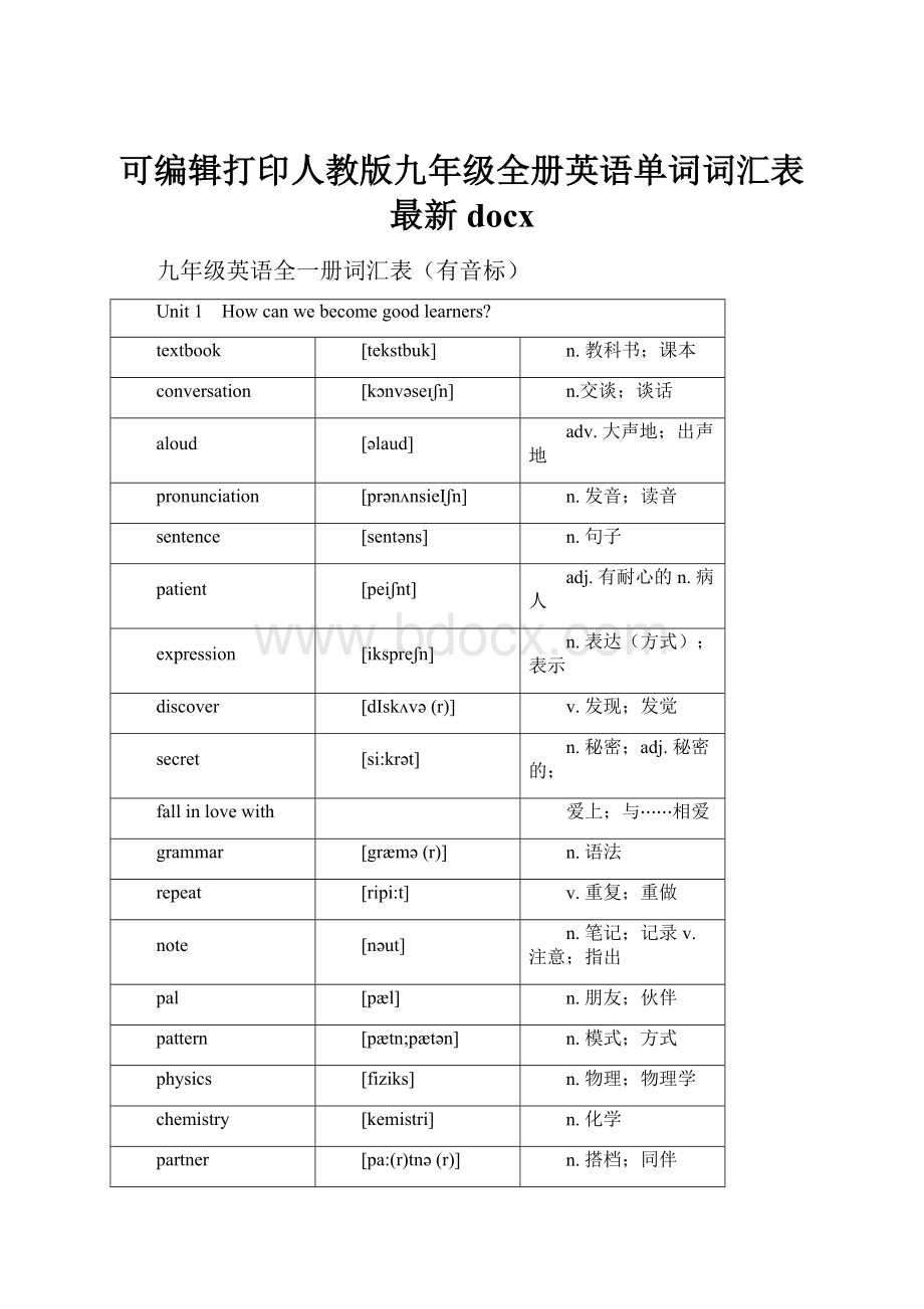 可编辑打印人教版九年级全册英语单词词汇表最新docx.docx_第1页