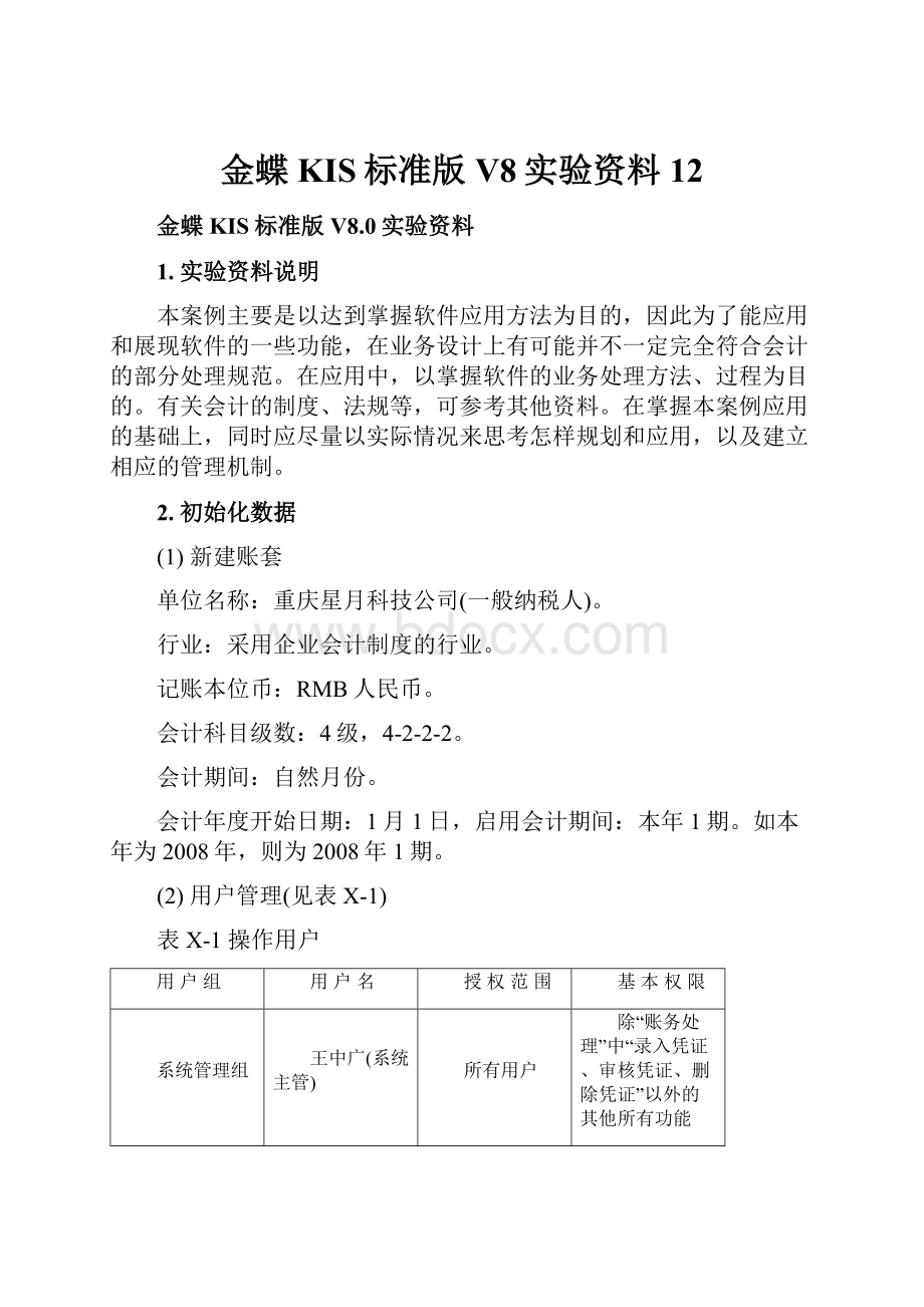 金蝶KIS标准版V8实验资料12.docx