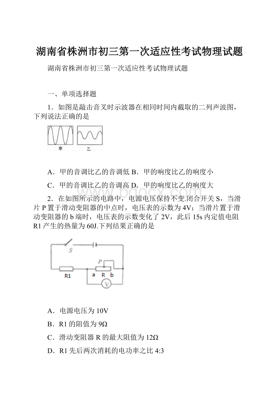 湖南省株洲市初三第一次适应性考试物理试题.docx