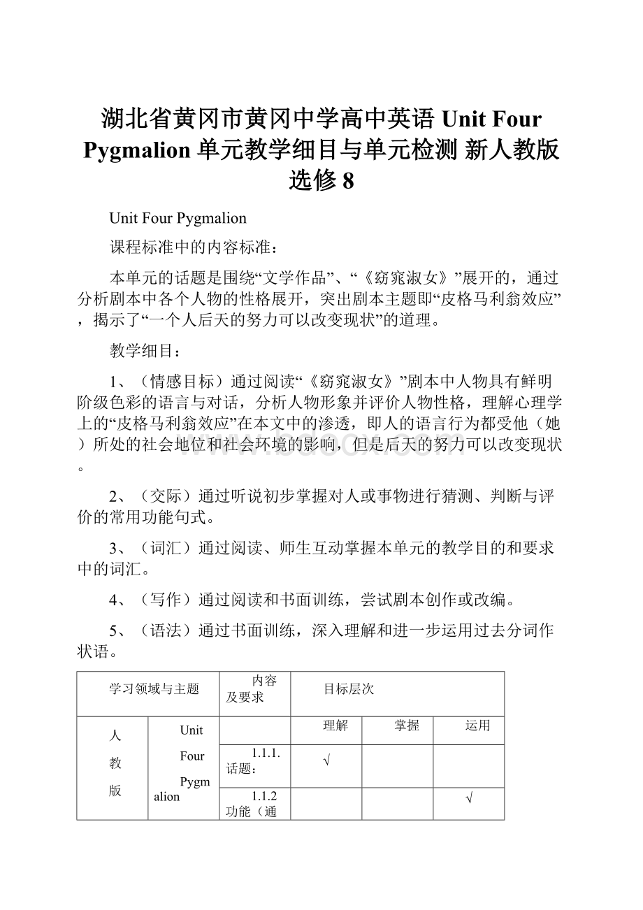 湖北省黄冈市黄冈中学高中英语 Unit Four Pygmalion单元教学细目与单元检测 新人教版选修8.docx_第1页