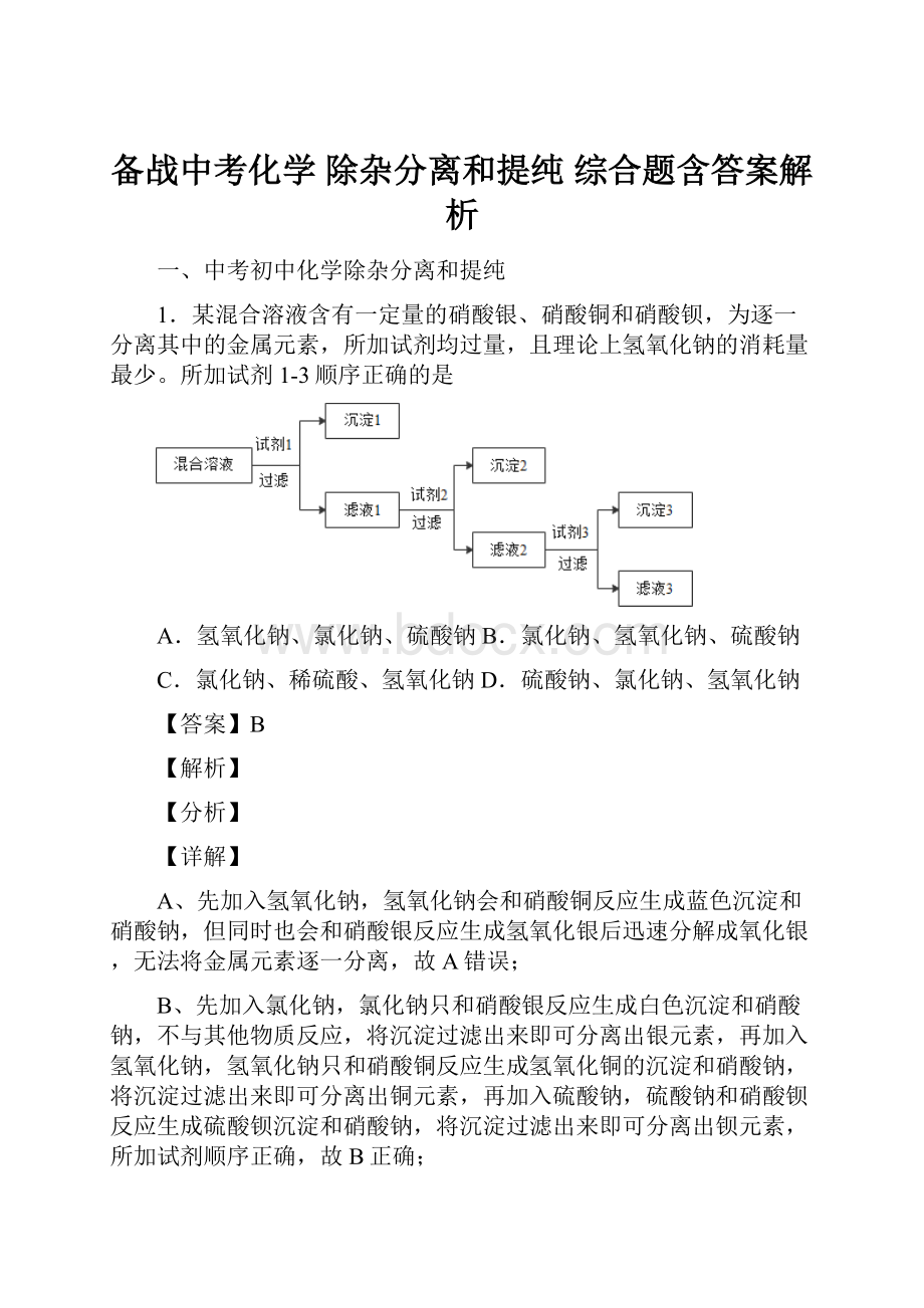 备战中考化学 除杂分离和提纯 综合题含答案解析.docx_第1页